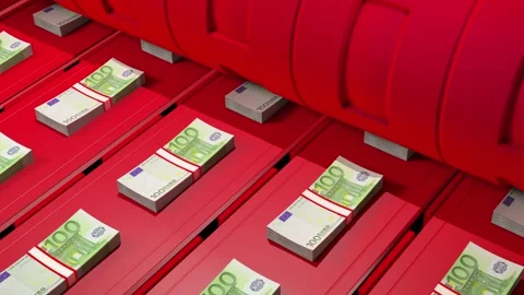 Loopable animation of factory production line producing Euro banknote currenc Video stock 264976096