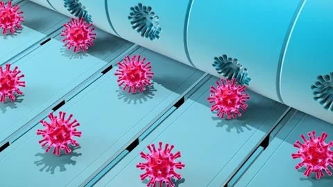 Loopable animation of factory production line producing pandemic virus Stock Footage 265001508