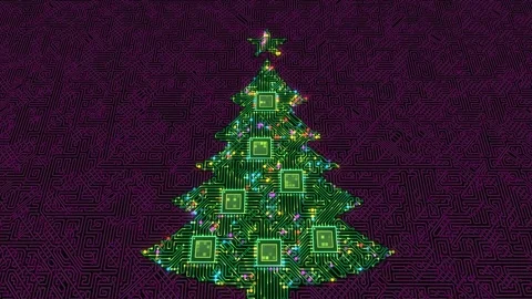 Loopable animation of festive Christmas tree composed of glowing green circuits Stock Footage 342320226