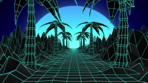 Loopable animation of synthwave landscape with blue sunset and palm trees Stock Footage 268602552