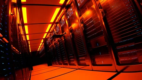 Loopable animation with working drone scanning servers in a dark hall Render 4K Stock Footage 133389108