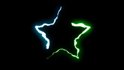 Loopable BLUE GREEN neon Lightning bolt STAR symbol shape flight on black Video stock 91646591