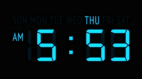 Loopable: Blue LED Digital Clock Displays Current Time at Thursday in 12-Hours Stock Footage 159936671