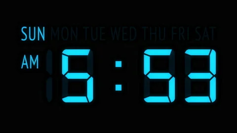Loopable: Blue LED Digital Clock Displays Current Time at Sunday in 12-Hours Stock Footage 160345362