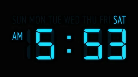 Loopable: Blue LED Digital Clock Displays Current Time at Saturday in 12-Hours Stock Footage 160818936