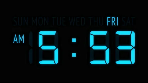 Loopable: Blue LED Digital Clock Displays Current Time at Friday in 12-Hours Stock Footage 163500070