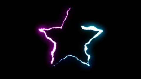 Loopable BLUE PURPLE neon Lightning bolt STAR symbol shape flight on black Stock Footage 91646523