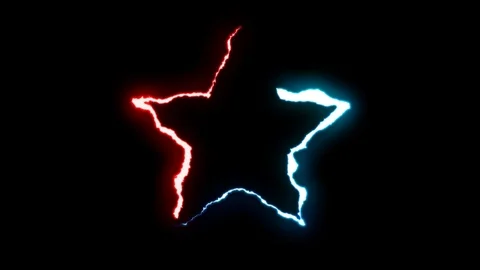 Loopable BLUE RED neon Lightning bolt STAR symbol shape flight on black Video stock 91646558