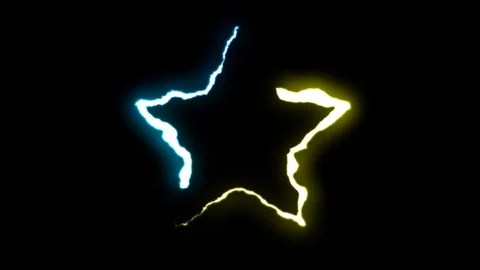 Loopable BLUE YELLOW neon Lightning bolt STAR symbol shape flight on black Stock-Footage 91646602