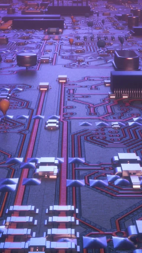 Loopable camera tracking microchips on integrated circuit. Vertical video Stock Footage 284175791