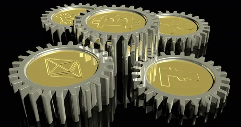 Loopable cryptocurrency gears rotation, concept of crypto market, 3d render, 4K Stock Footage 88693256