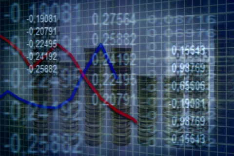 Loopable economic background graph numbers and stacks of coins Stock Footage 716456