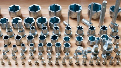 Loopable footage of bits collection. Removable screwdriver. Wooden organizer. 4K Video stock 133460445