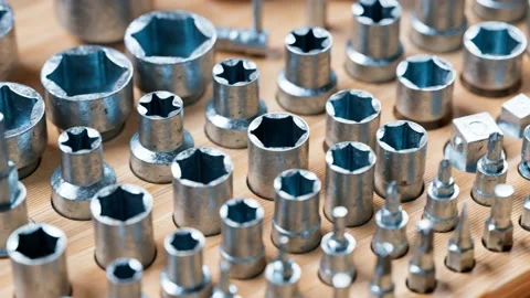 Loopable footage of bits collection. Removable screwdriver. Wooden organizer. 4K Video stock 133461203