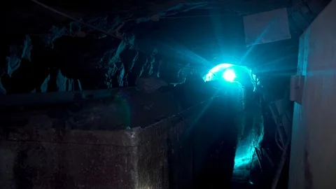 Loopable footage of mine wagons full of ore in dense smoke Stock Footage 97159087