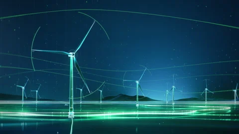 Loopable Futurustic Visualization of Offshore Wind Farm Produces Clean Energy Stock Footage 241213401