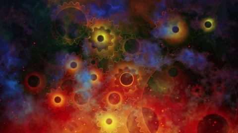 Loopable glowing fiery cogs and gears partially obscured by turbulent smoke and Stock Footage 321342161