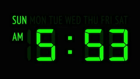 Loopable: Green LED Digital Clock Displays Current Time at Sunday in 12-Hours Stock Footage 158368718