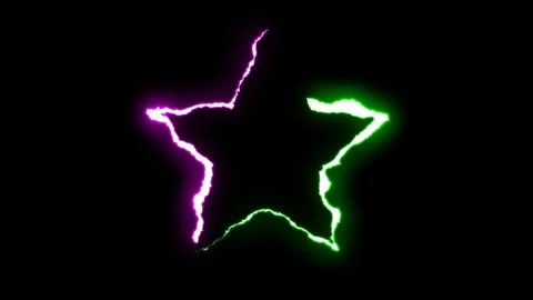 Loopable GREEN PURPLE neon Lightning bolt STAR symbol shape flight on black Stock Footage 91646534