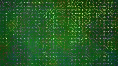 Loopable intricate digital circuit board pattern with rainbow colored flowing Stock Footage 321387855