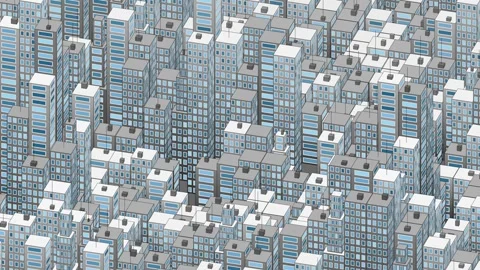Loopable isometric cityscape rotating, modern geometric buildings with striking Stock Footage 337892525