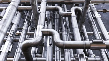 Loopable maze of clean pipes tangled together. Video stock 85479731