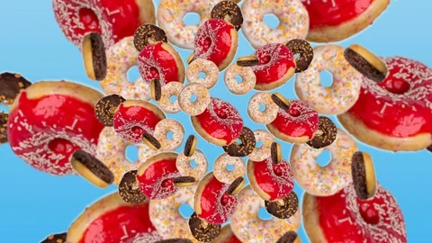 Loopable Motion Background of kaleidoscope of donuts. Abstract colorful anima 스톡 동영상 129081252