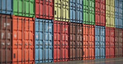 Loopable move of long focus camera along rows of cargo shipping containers Stock Footage 113974568