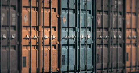 Loopable move of telezoom camera along rows of cargo containers Stock Footage 113904241