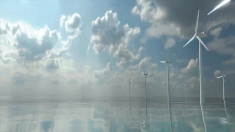 Loopable offshore generator turbine farm in sea during day with stormy clouds Stock Footage 253566090