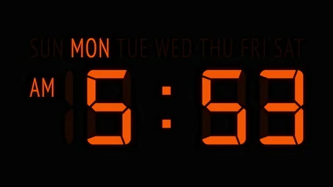 Loopable: Orange LED Digital Clock Displays Current Time at Monday in 12-Hours Stock Footage 156427566