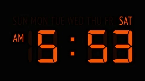 Loopable: Orange LED Digital Clock Displays Current Time at Saturday in 12-Hours Stock Footage 158605907