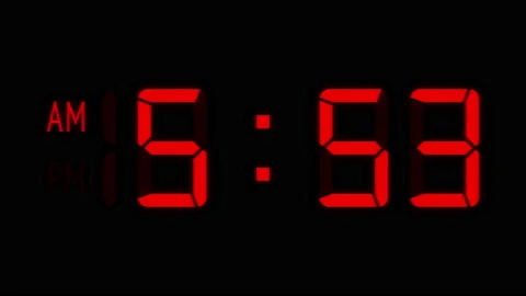 Loopable: Red LED Digital Clock Displays Current Time in 12-Hours AM/PM Format Stock Footage 157829122