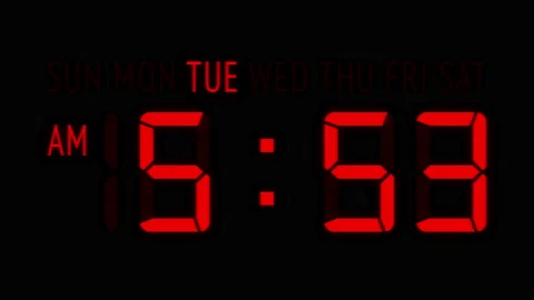 Loopable: Red LED Digital Clock Displays Current Time at Tuesday in 12-Hours Stock Footage 161880013