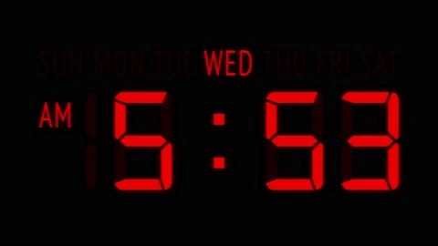 Loopable: Red LED Digital Clock Displays Current Time at Wednesday in 12-Hours Stock Footage 164084476