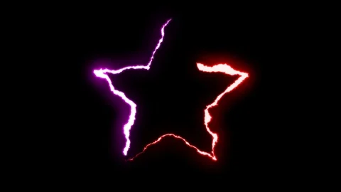 Loopable RED PURPLE neon Lightning bolt STAR symbol shape flight on black Stock Footage 91646512
