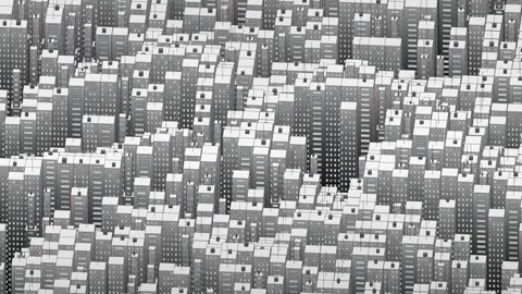 Loopable rotating monochrome isometric cityscape, dense, repetitive grid of Stock Footage 339020991