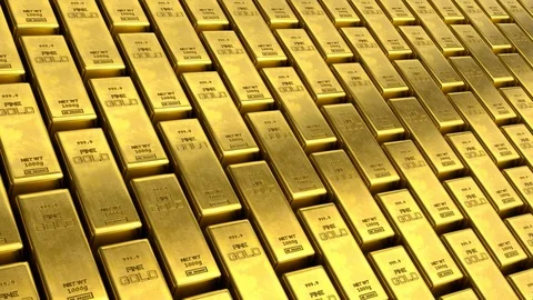Loopable video of aligned rows of fine gold bars. Stock Footage 111044409