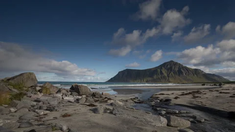 Loopable video of clouds and mountains on Lofoten beach, Norway Stock Footage 132925306