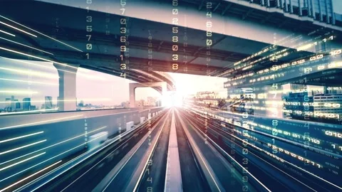 Loopable video of digital data flow on road in concept of program coding Video stock 166499516