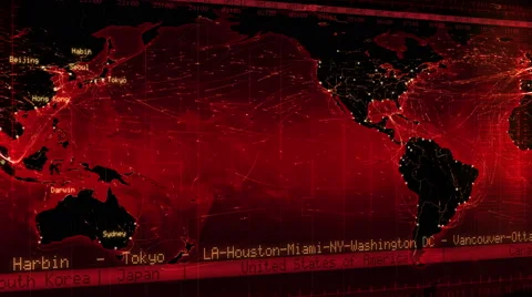 Loopable world map with connections, countries, cities and time zones. Red. Stock Footage 59603676