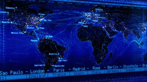 Loopable world map with major cities names, countries and time zones. Blue. Stock Footage 54961183