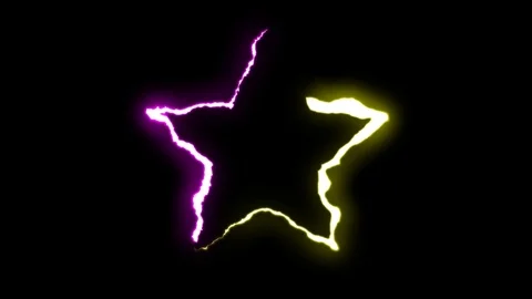 Loopable YELLOW PURPLE neon Lightning bolt STAR symbol shape flight on black Stock Footage 91646548