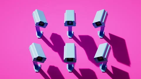 Looped 3d animation. Multiple security cameras mounted on pink wall Stock Footage 284373836