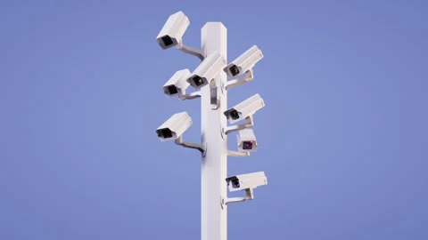 Looped 3d animation. Multiple surveillance cameras mounted on a pole Stock Footage 317054032
