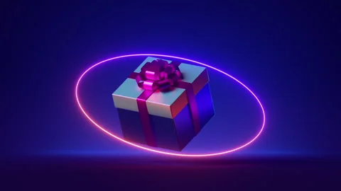 Looped 3d animation, neon ring and Christmas gift box levitates Stock Footage 250456891