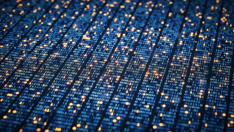 Looped 3D binary animation with blue and orange glowing lights. Stock Footage 348018777