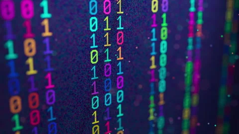 Looped 3D binary animation with vibrant multicolor neon glow. Stock Footage 344165024