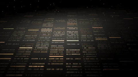 Looped 3D golden binary data grid with glowing particles Stock Footage 348019222
