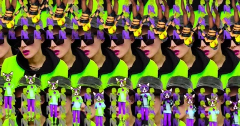 Looped 4k animation. 2d, 3d Crazy chaos mix of fashion objects and characters. Stock Footage 167890597